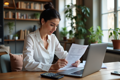 Femme lisant des documents de location dans un appartement parisien