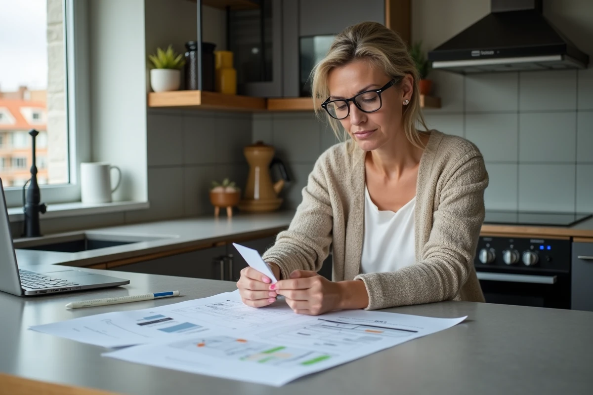 Femme en cuisine regardant un devis et un plan