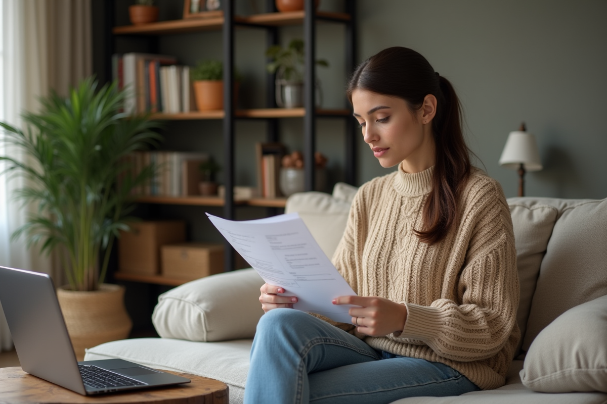 Femme décontractée lit des documents dans un salon chaleureux