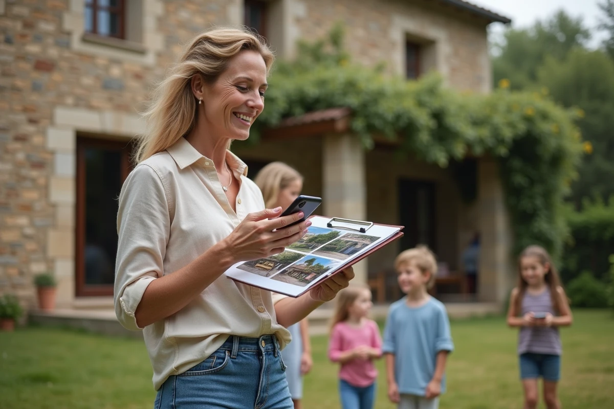 Femme avec smartphone et enfants en extérieur