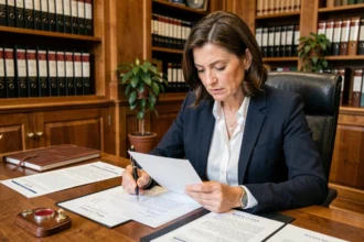 Femme notaire relisant une lettre officielle dans un bureau juridique classique avec des étagères de dossiers juridiques