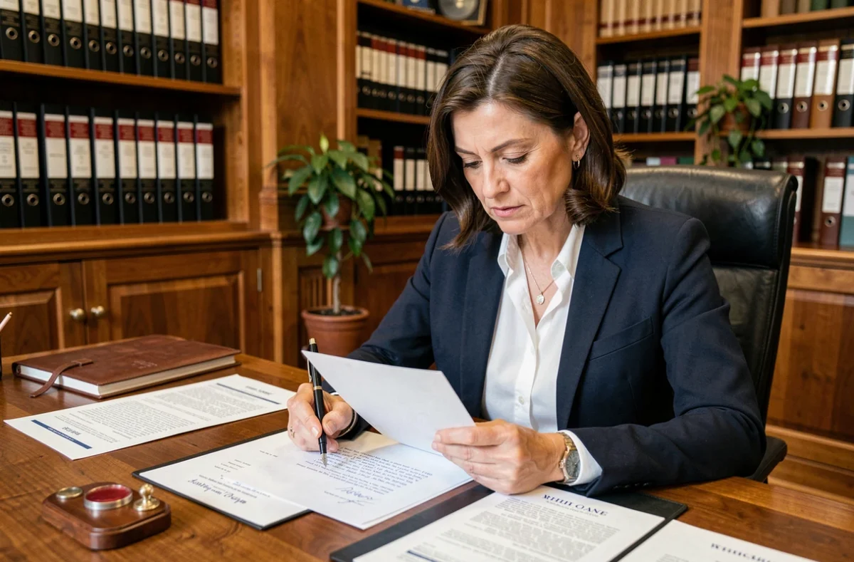 Femme notaire relisant une lettre officielle dans un bureau juridique classique avec des étagères de dossiers juridiques
