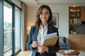 Femme souriante tenant un dossier organisé dans un appartement lumineux