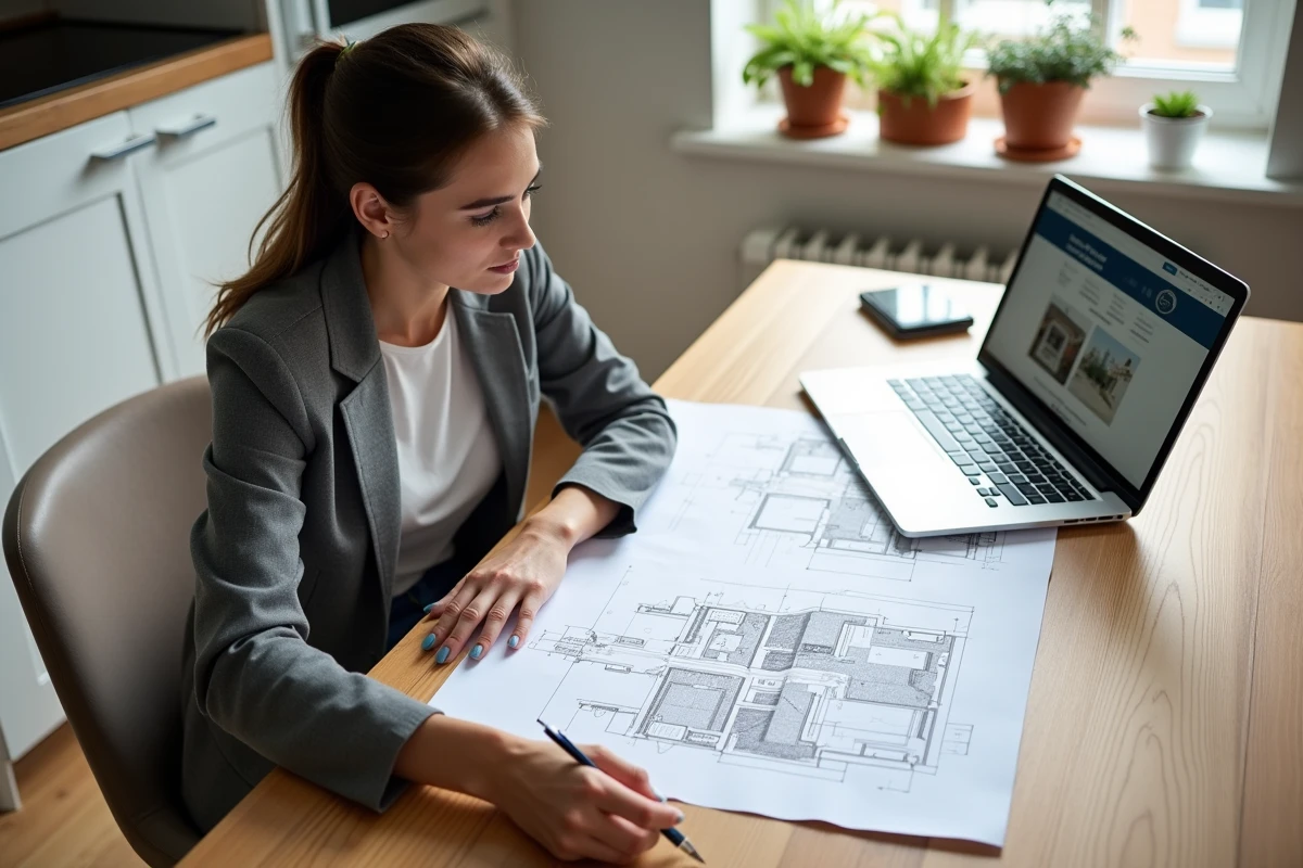 Femme préparant un panneau de permis de construire sur une table avec des plans architecturaux