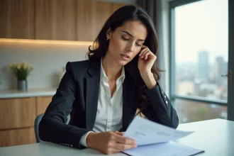 Femme d'âge moyen examinant des documents de prêt immobilier