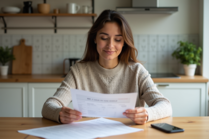 Femme détendue examinant des documents de prêt à la maison