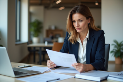 Femme professionnelle examinant des documents immobiliers dans un bureau moderne