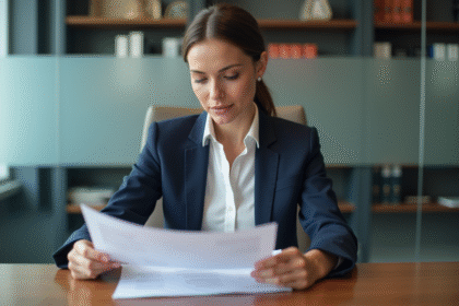 Femme en blazer bleu examine un contrat dans un bureau moderne