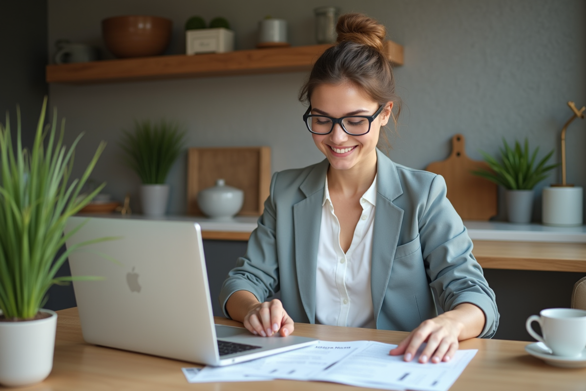 Femme souriante en intérieur moderne vérifiant documents de prêt