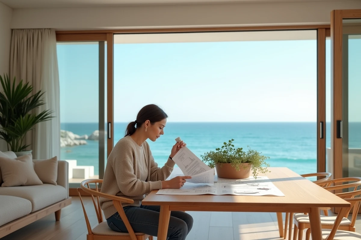 Femme examinant des plans de maison près de la mer