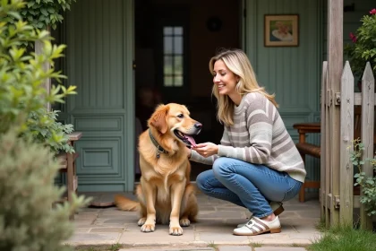 Femme souriante avec son chien devant une maison rurale en Aude
