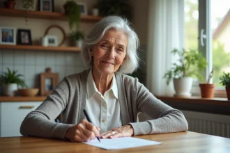 Femme senior signant des documents dans la cuisine