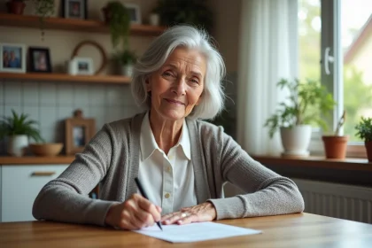 Femme senior signant des documents dans la cuisine