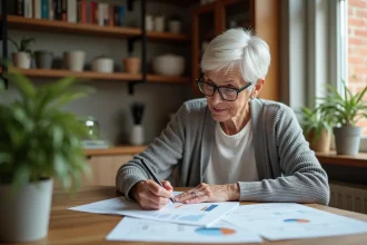 Femme senior consultant des documents de simulation viager à la maison