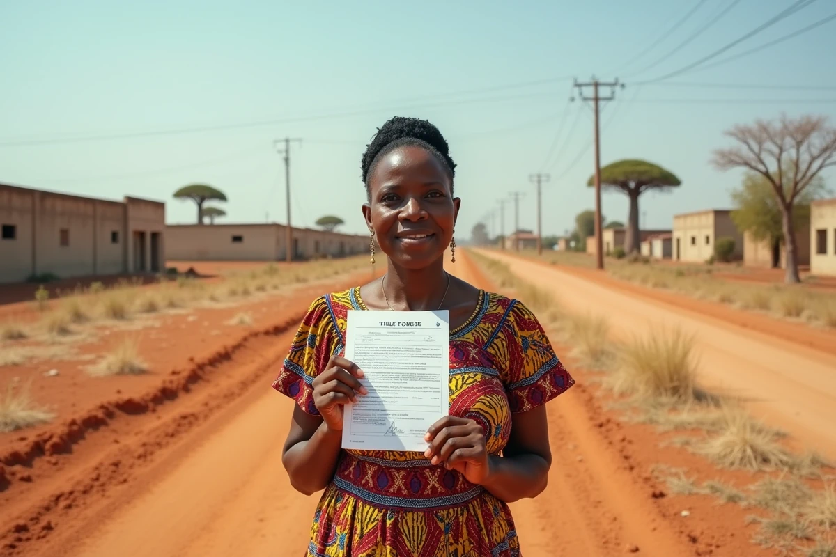 Femme sénégalaise tenant un titre foncier sur un terrain à vendre en périphérie de Dakar au Sénégal