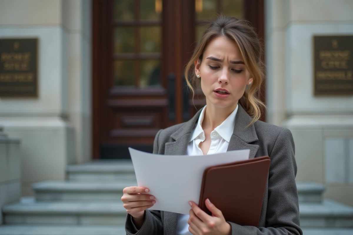 Jeune femme vérifiant des papiers devant un bâtiment officiel