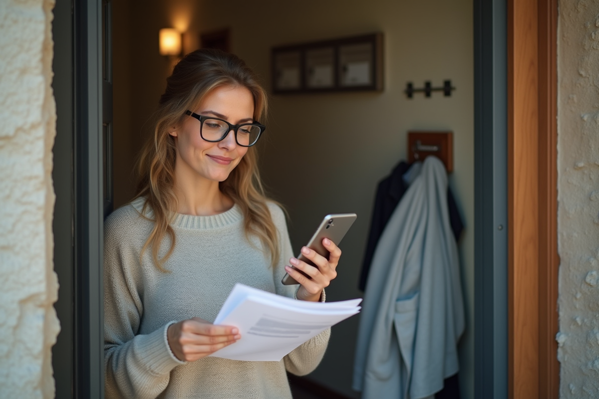 Femme téléphonant dans l entrée de l appartement