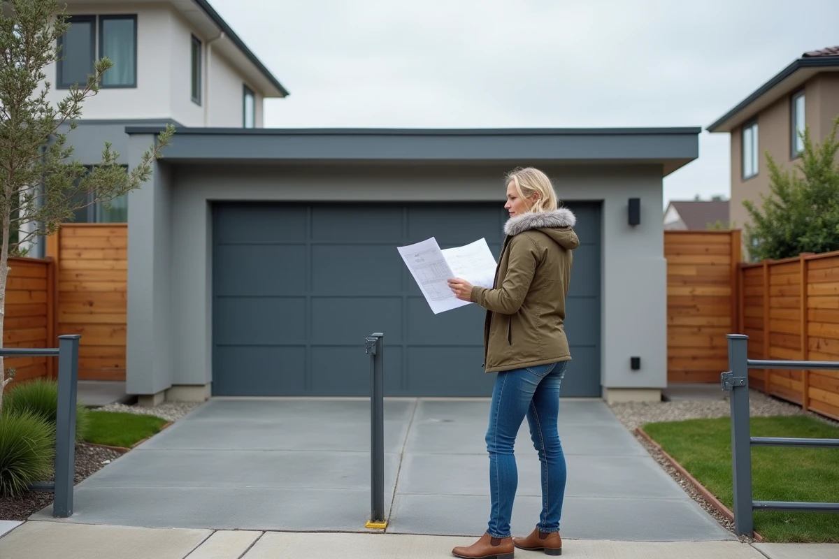 Femme examinant des plans devant un garage moderne