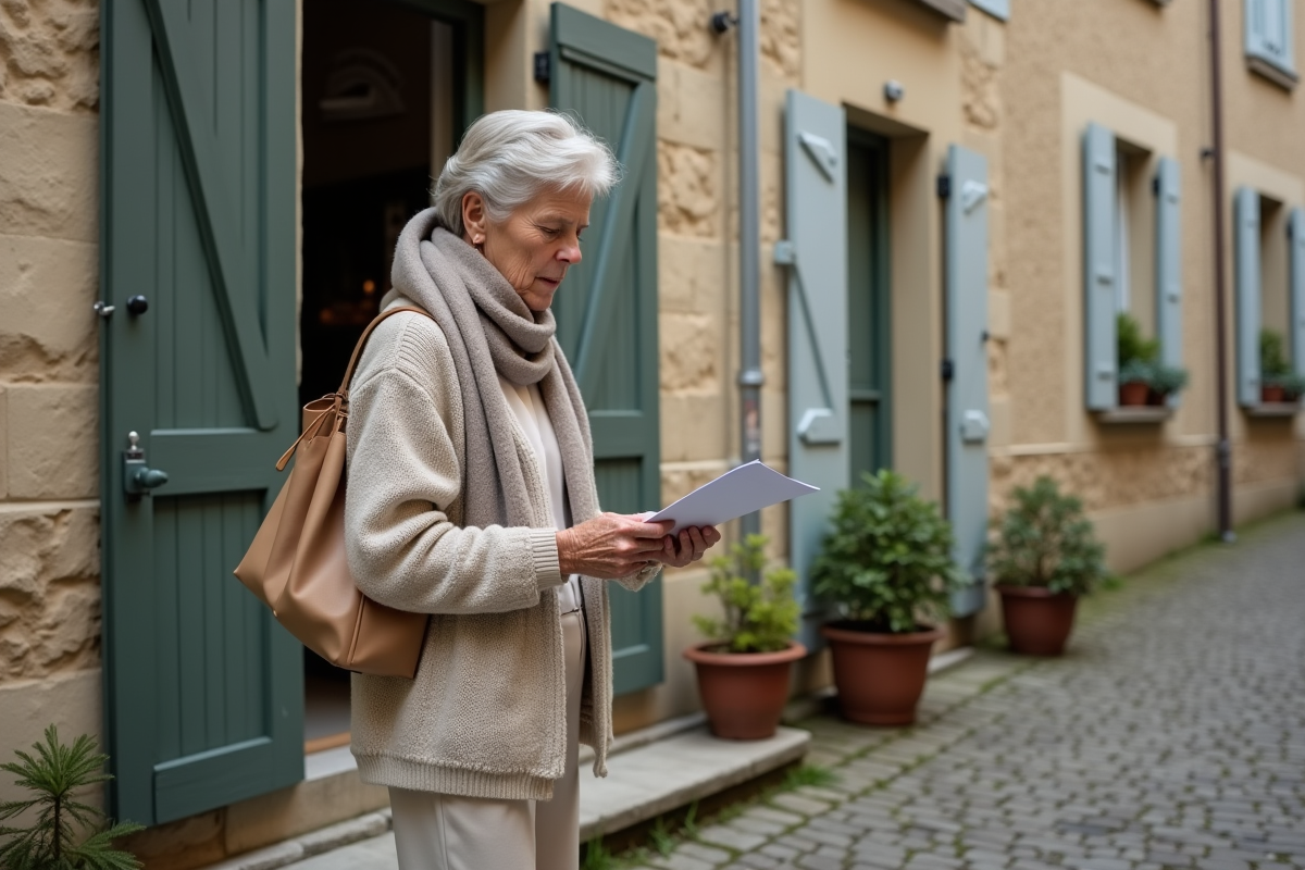 Femme âgée regardant son courrier devant une maison en pierre