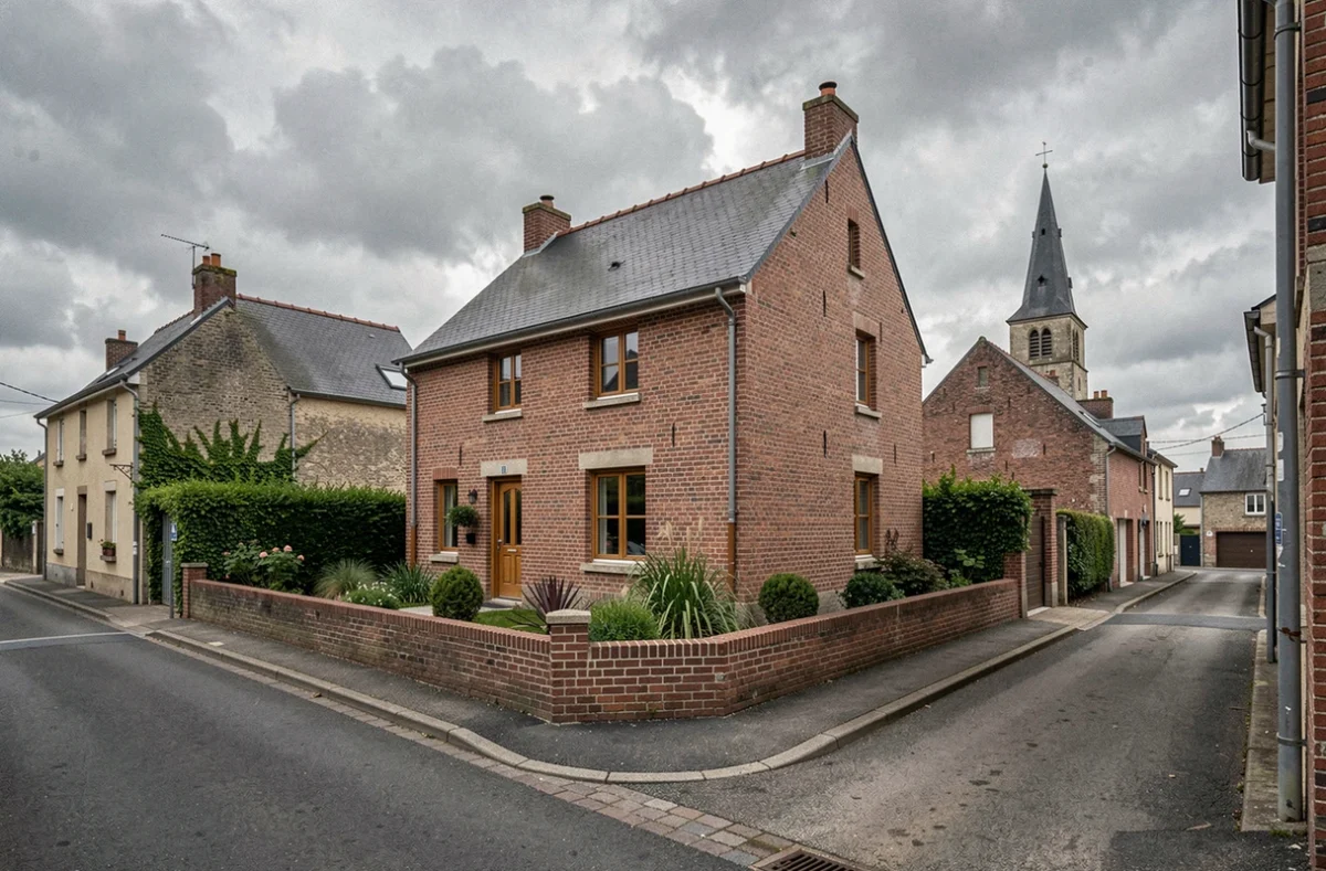 Petit programme immobilier de FOA dans un village du Pas-de-Calais, architecture en brique rouge intégrée au tissu villageois
