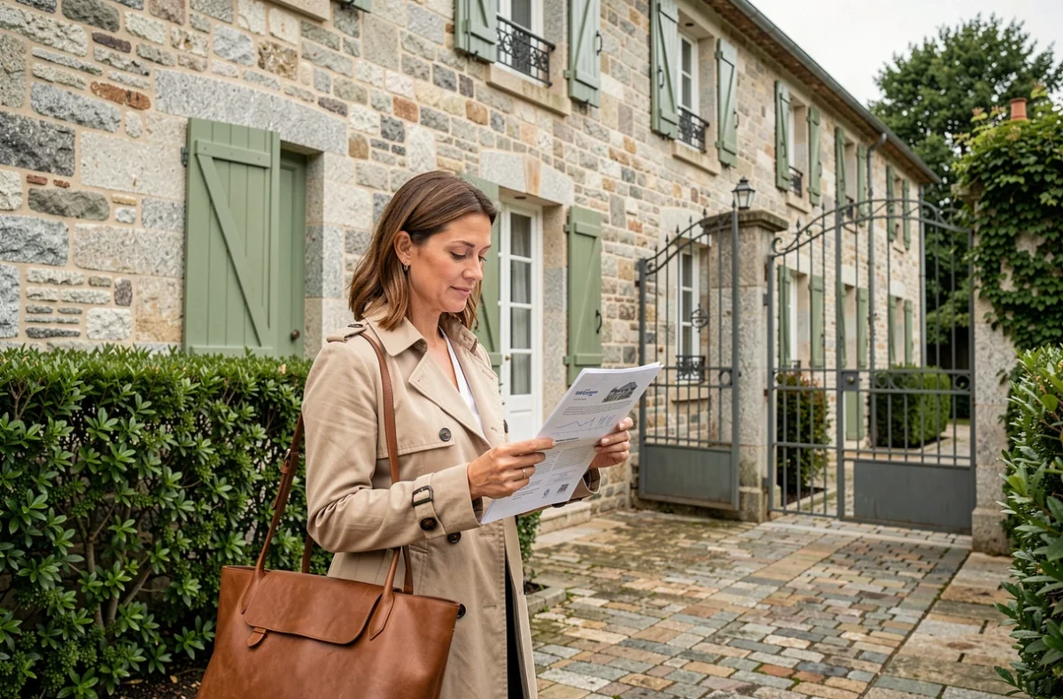 Cliente examinant les documents de garantie immobilière devant une maison en pierre traditionnelle dans le département de la Haute-Vienne, région Limousin
