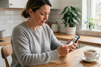 Femme utilisant une application de gestion immobilière sur smartphone dans sa cuisine