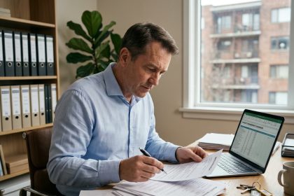 Propriétaire immobilier gérant plusieurs contrats de location meublée à son bureau avec des clés numérotées et un ordinateur