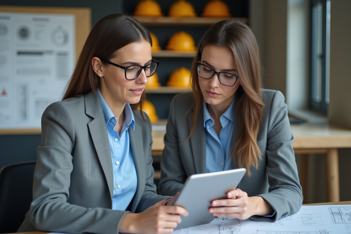 Jeune femme gestionnaire discutant avec architecte sur tablette dans bureau moderne