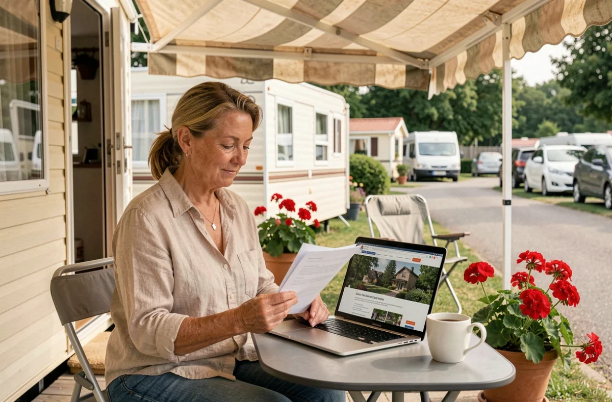 Femme gérant la vente de son mobil-home en ligne depuis la terrasse de son emplacement de camping en été