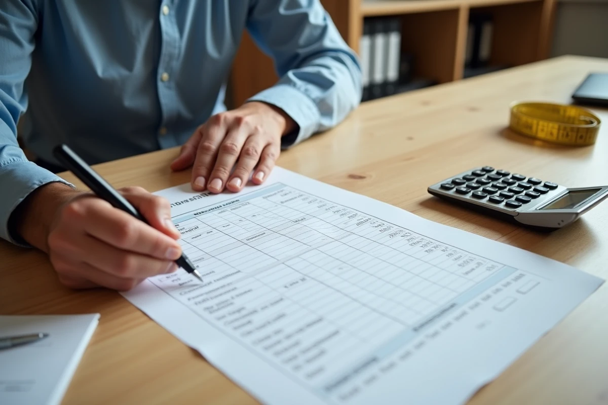 Gros plan de mains calculant un encadrement de loyer sur papier quadrillé avec calculatrice et documents immobiliers