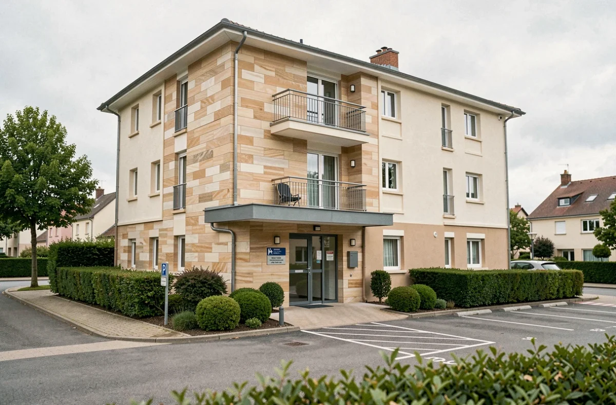 Résidence gérée du Groupe Arcade dans le Pas-de-Calais, bâtiment modern pour logement intermédiaire avec entrée sécurisée