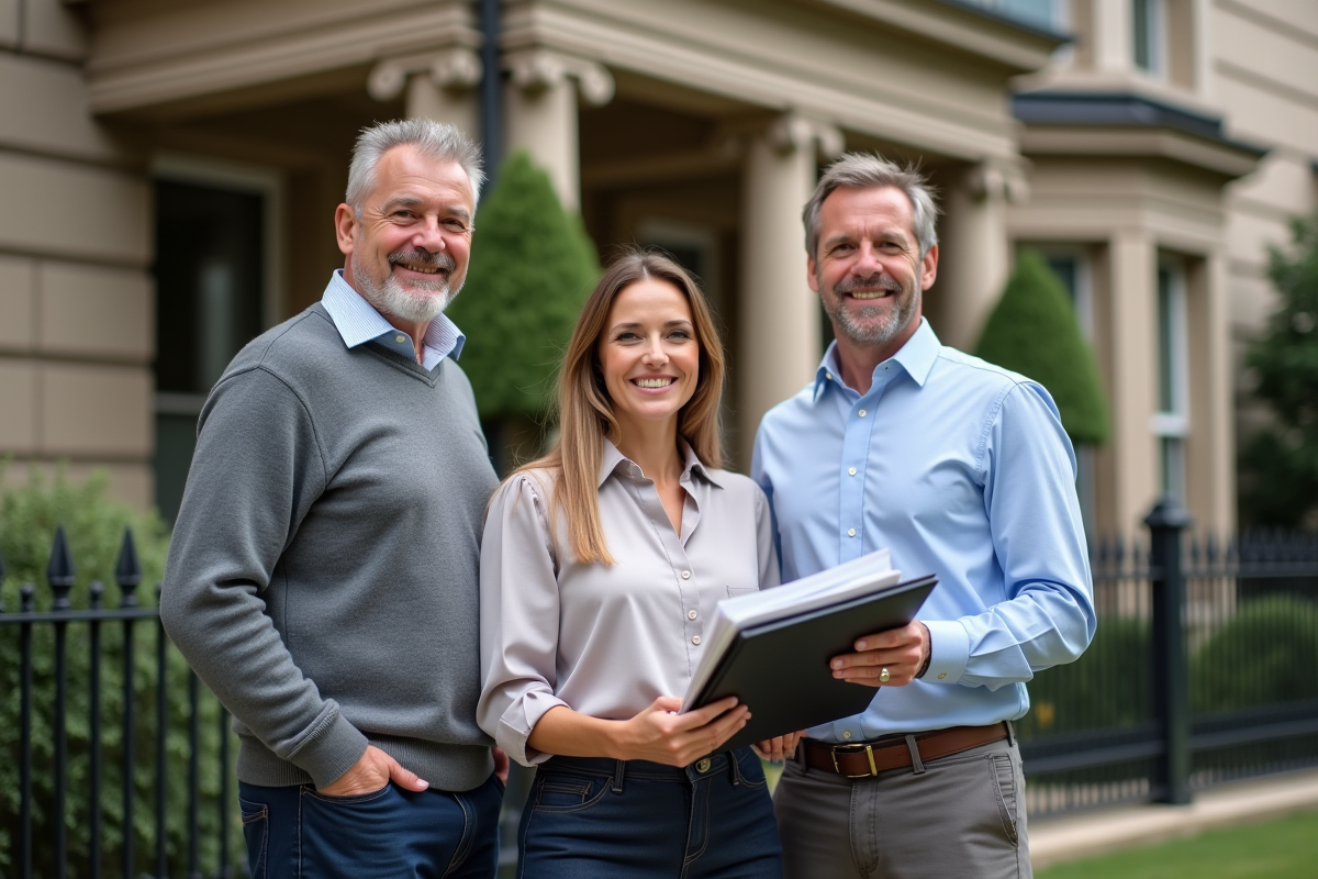 Groupe de trois personnes avec dossier immobilier devant une maison