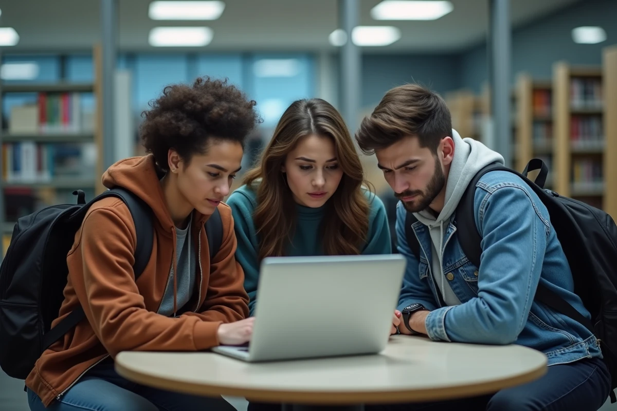 Groupe d'étudiants consultant des informations sur les droits des locataires dans une salle d'étude universitaire