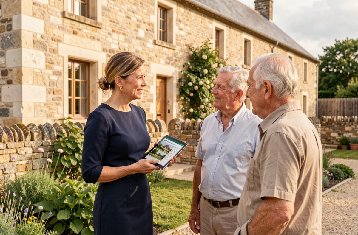 Agente de Guiu-Boudes présentant une ferme en pierre rénovée à un couple de clients dans la campagne aveyronnaise