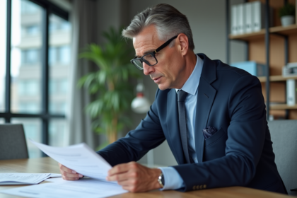 Homme d'affaires en costume regardant des documents GCR