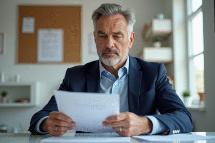 Homme d'affaires en costume bleu examinant des reçus de location