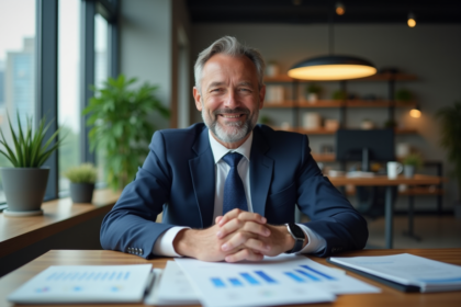 Homme d'affaires souriant en costume bleu dans un bureau moderne