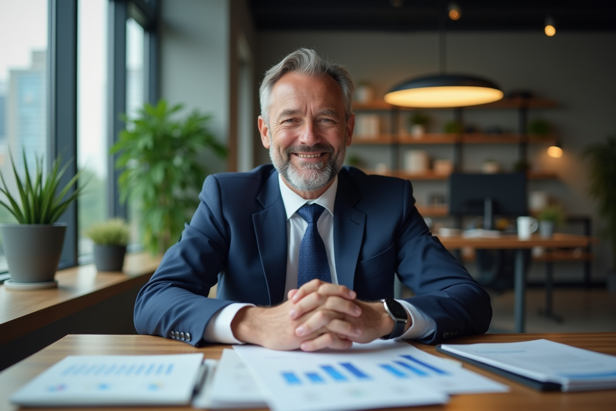 Homme d'affaires souriant en costume bleu dans un bureau moderne