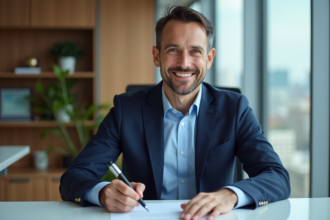 Homme d'affaires en costume signe un contrat dans un bureau moderne