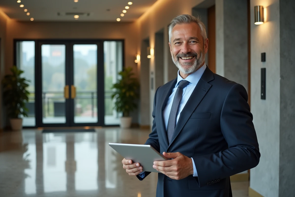 Homme d'affaires souriant dans un hall moderne d'immeuble