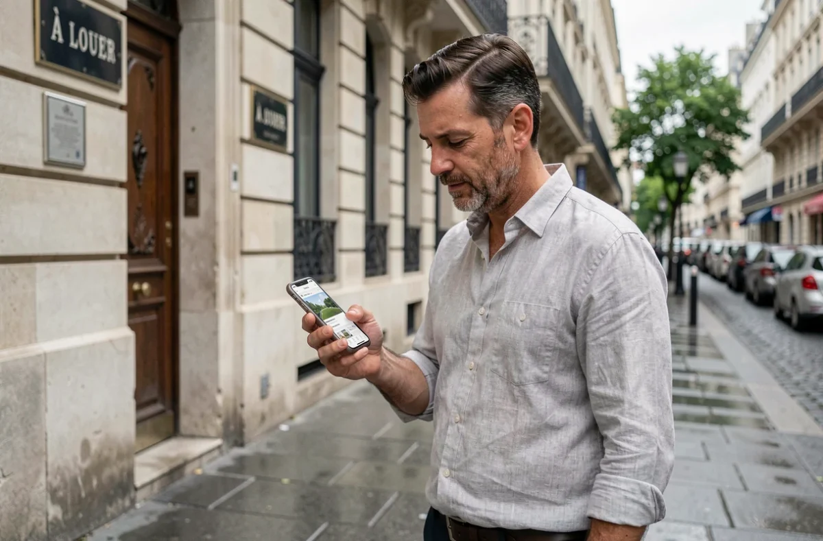 Homme consultant une annonce LOC sur smartphone devant un immeuble haussmannien à Paris avec panneau à louer