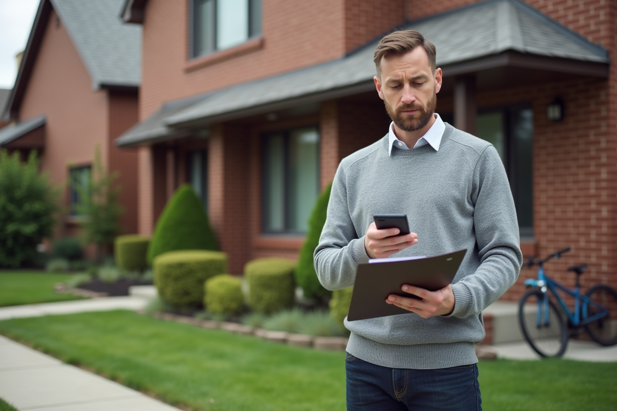 Homme regardant son smartphone devant une maison résidentielle