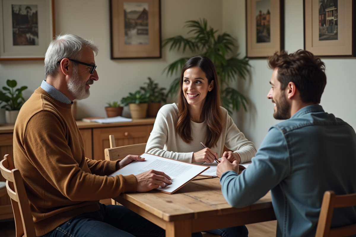 Homme âgé remet des documents immobiliers à un couple dans une maison chaleureuse