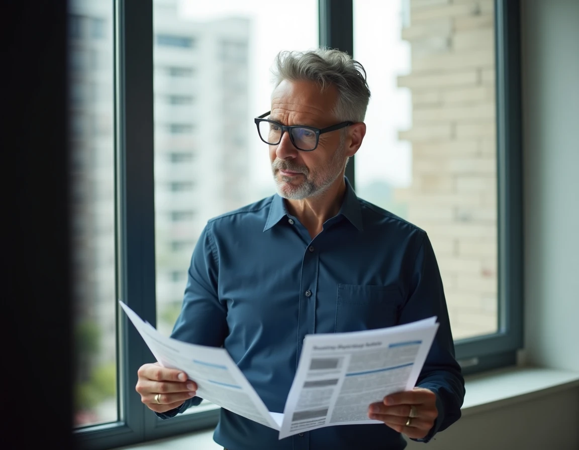 Homme examinant calmement un avis d'attribution de logement et des notes de forum dans un appartement moderne