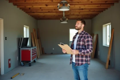 Homme en jeans et chemise à carreaux dans un garage en construction