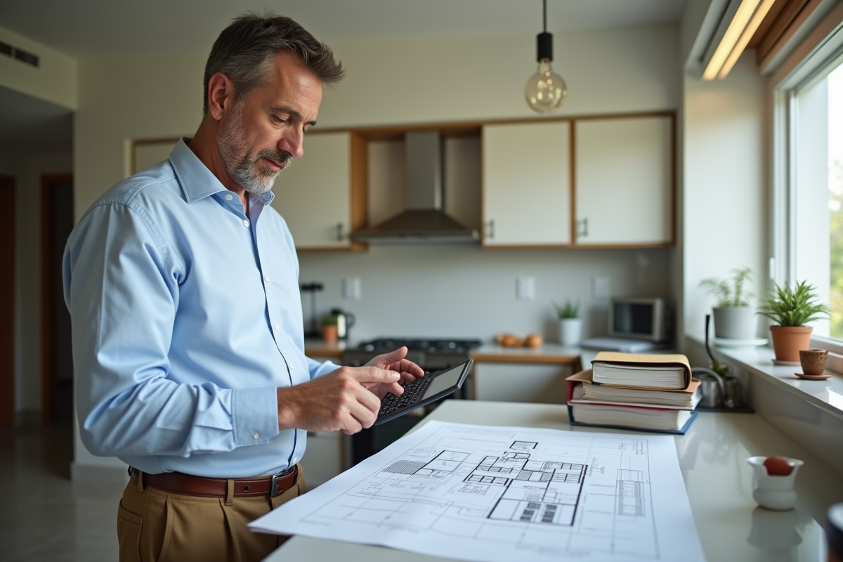 Homme expliquant un plan immobilier sur une cuisine lumineuse