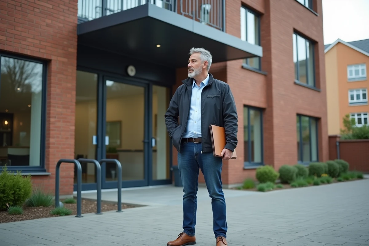 Homme devant un immeuble de logement social neuf