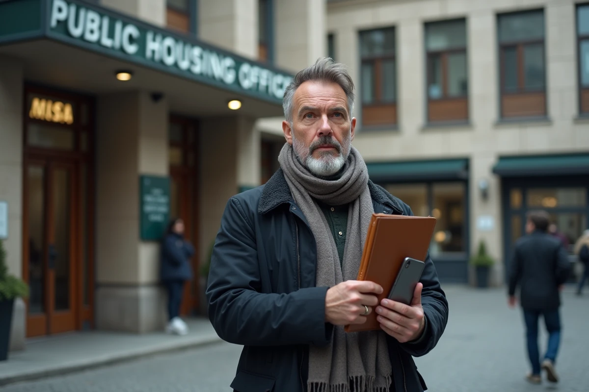 Homme devant un bureau de logement public