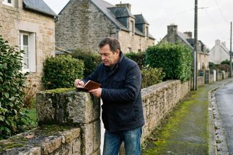 Homme d'âge moyen examine une borne frontière en pierre à SaintBrieuc