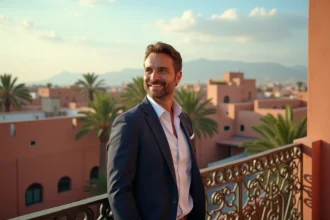 Homme élégant sur un balcon à Marrakech avec vue sur la medina